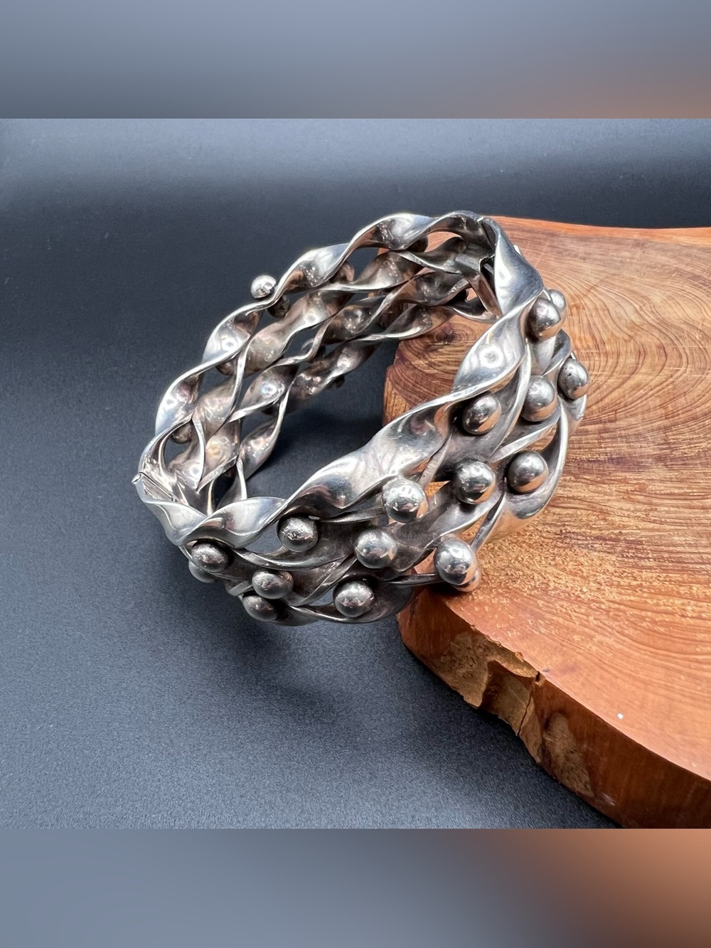 Vintage Mexico Sterling Silver Modernist Ball Hinged Bracelet